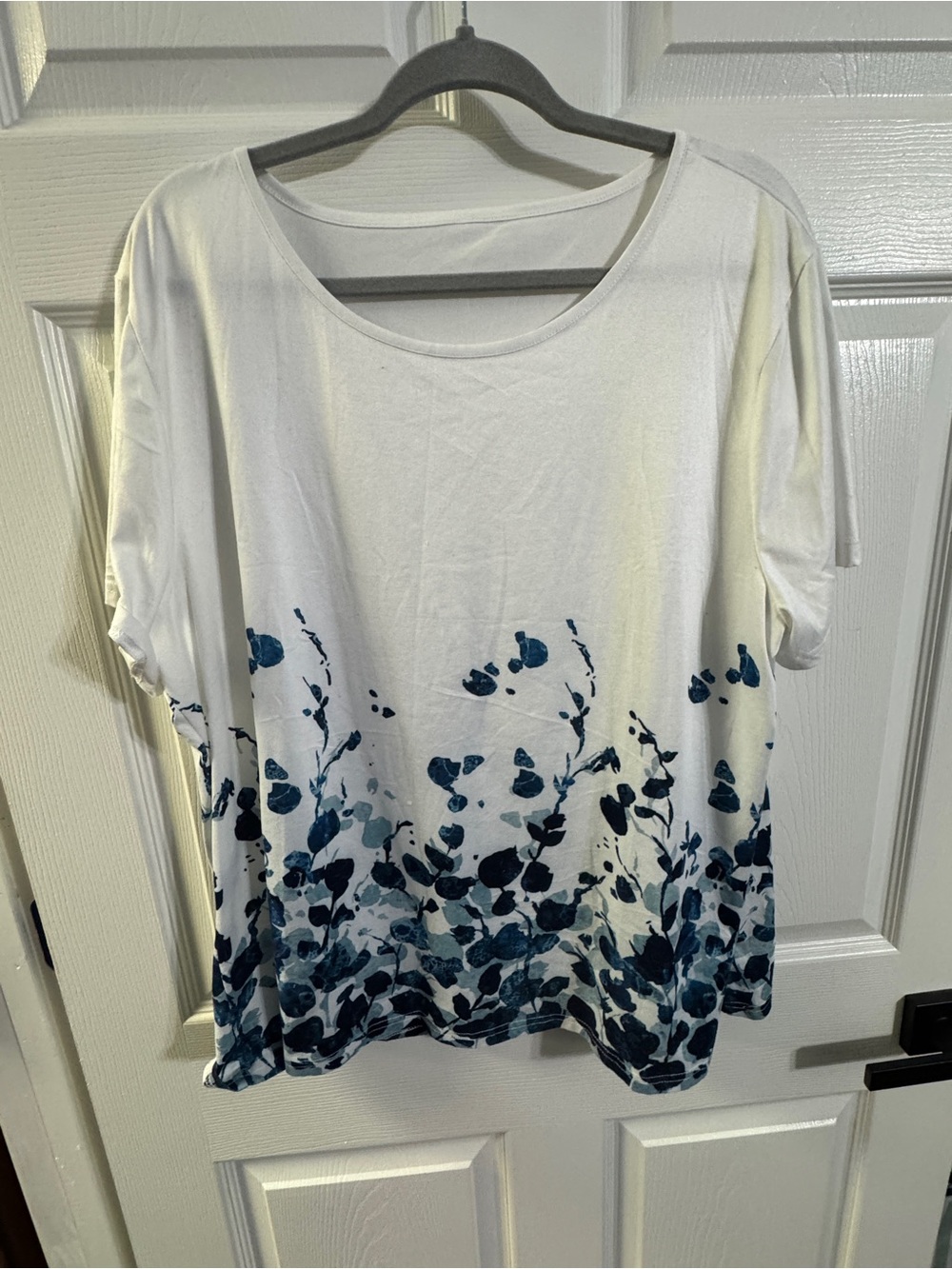 Women’s White Tee with Blue Floral Hem